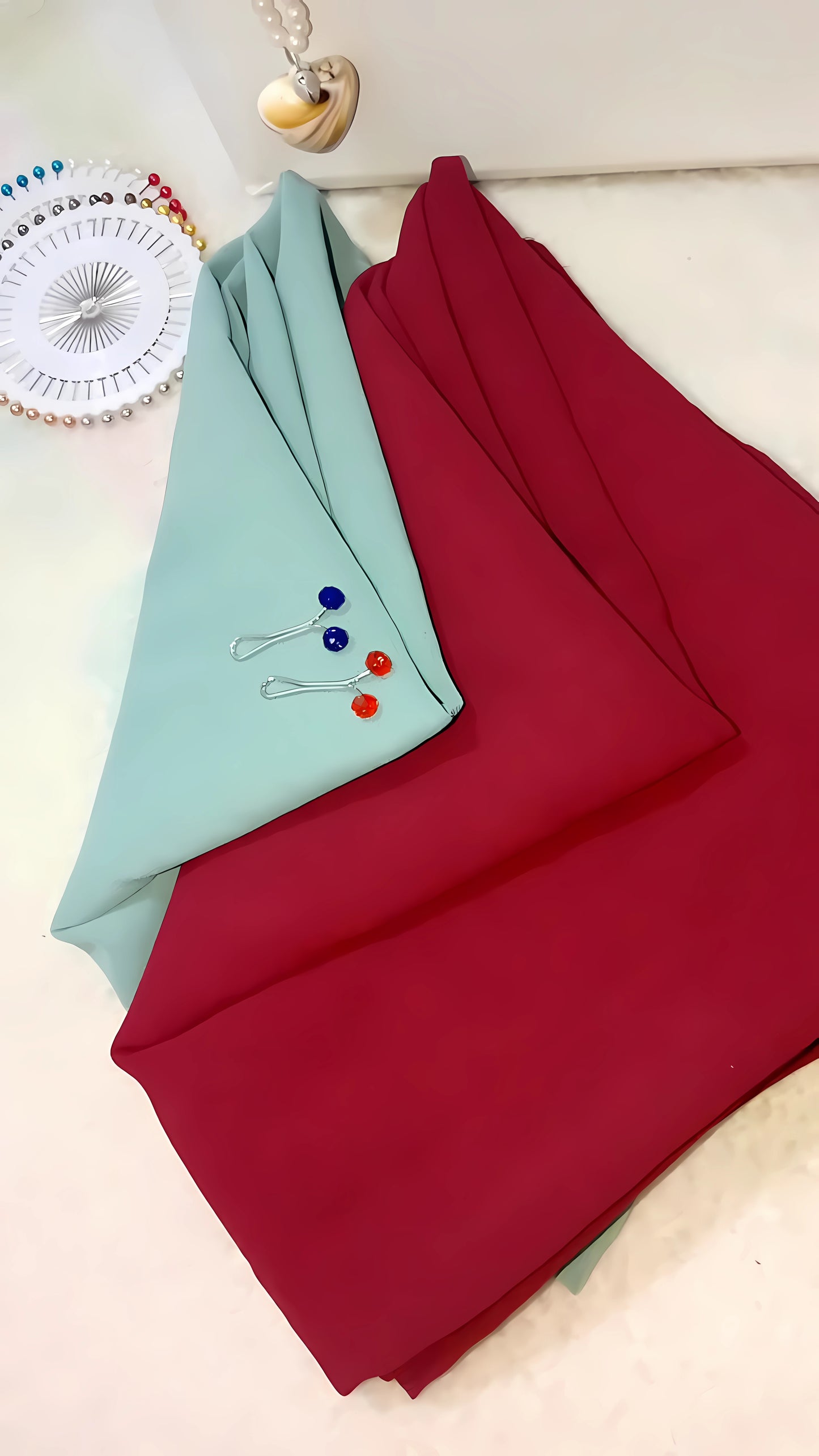 Haya Debut Deal – 2-Piece Georgette Hijab Set with Pins (Mint Green & Maroon)