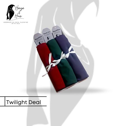 Twilight Deal – 3 Premium Georgette Hijabs | Mehroon, Green & Blueberry Shades for Effortless Everyday Elegance