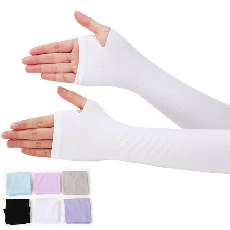 Comfortable black sleeve covers on arms, matching modest wear with a neat, graceful finish