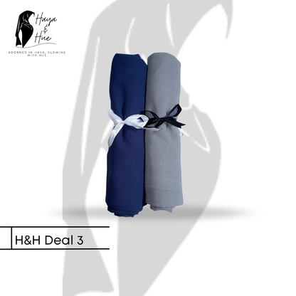 H&H Deal 3 – 2 Elegant Georgette Hijabs for Everyday Ease (Blue Burry & Smoke Grey)