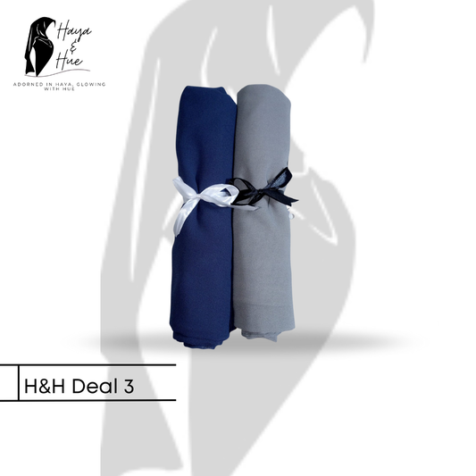 H&H Deal 3 – 2 Elegant Georgette Hijabs for Everyday Ease (Blue Burry & Smoke Grey)